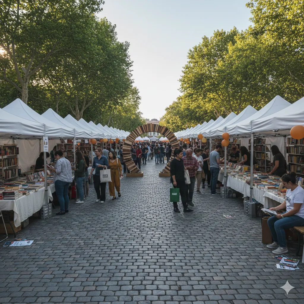 Imagem de uma estante de livros com pessoas explorando durante a Bienal do Livro de São Paulo.