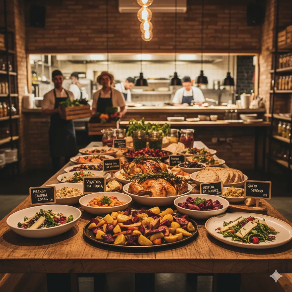 Prato gourmet elaborado com ingredientes frescos em um ambiente sofisticado.