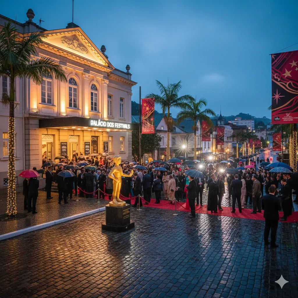 Imagem de uma câmera de filmagem com o logotipo do Festival de Cinema de Gramado ao fundo.