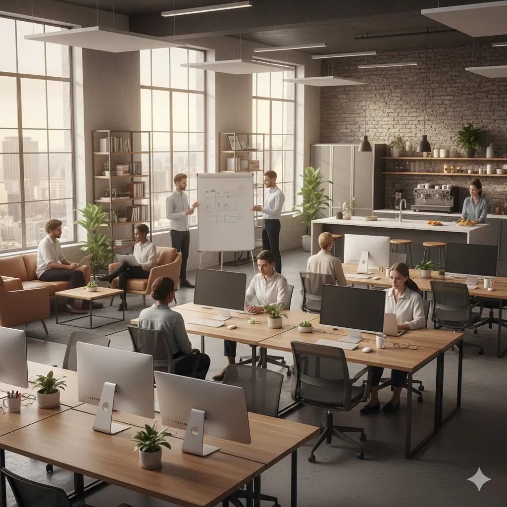 Funcionários de uma pequena empresa participando de um treinamento em equipe