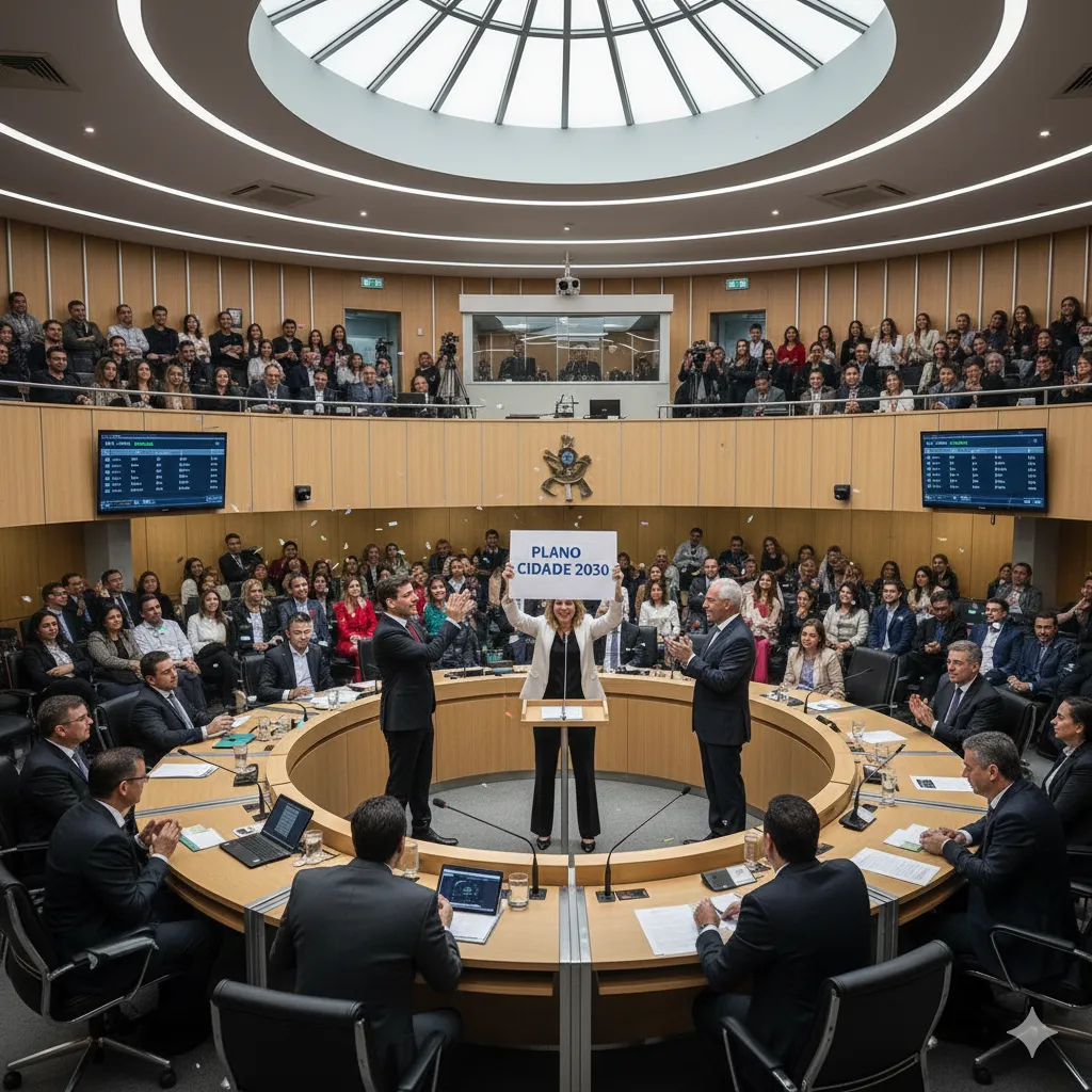 Vereadores votando no novo Plano Diretor durante a sessão.