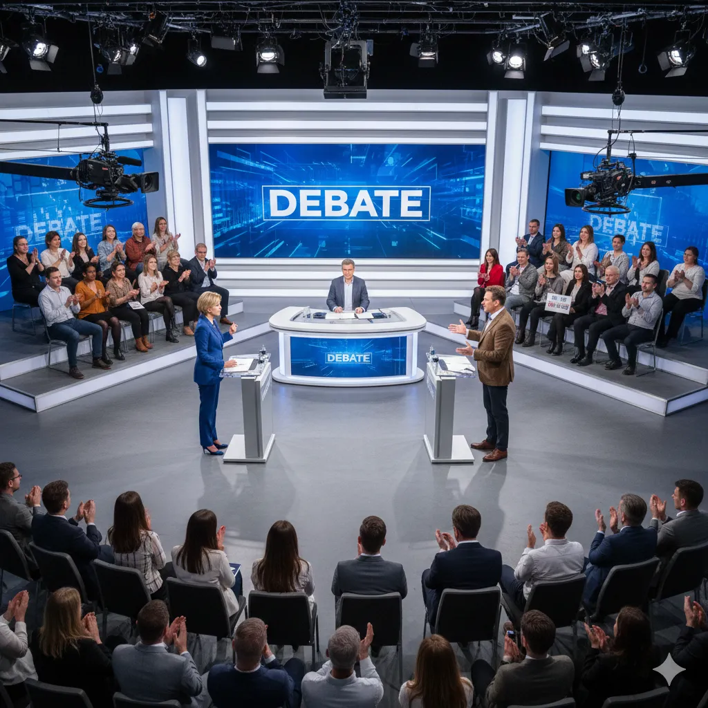 Candidatos à Prefeitura em debate na Câmara Municipal, discutindo propostas.