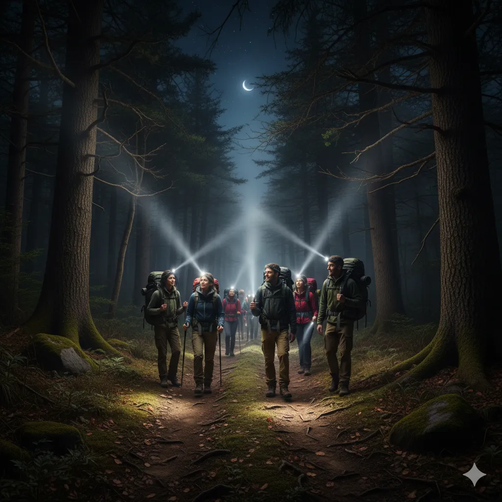 Moradores caminhando à noite em um bairro iluminado