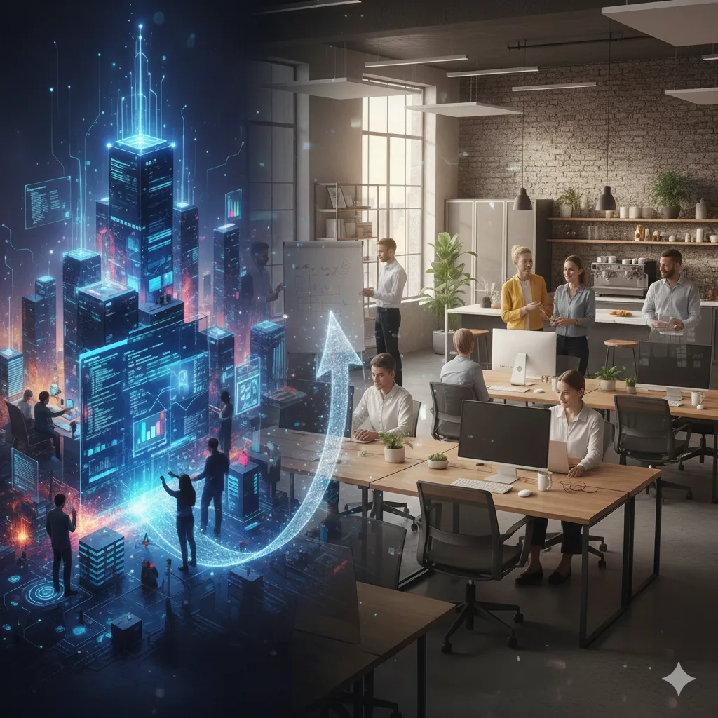 Profissionais trabalhando em um escritório de tecnologia moderna