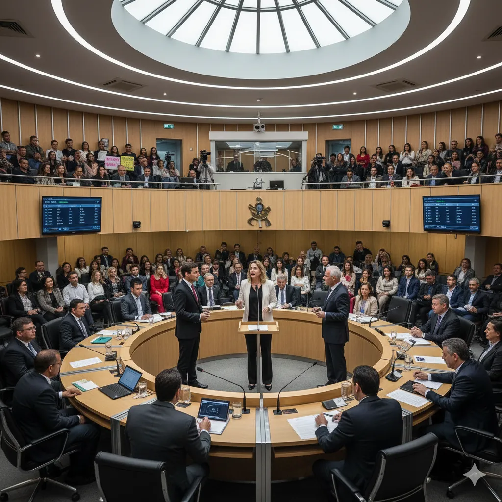 Vereadores discutindo acaloradamente durante o debate sobre a reforma tributária.