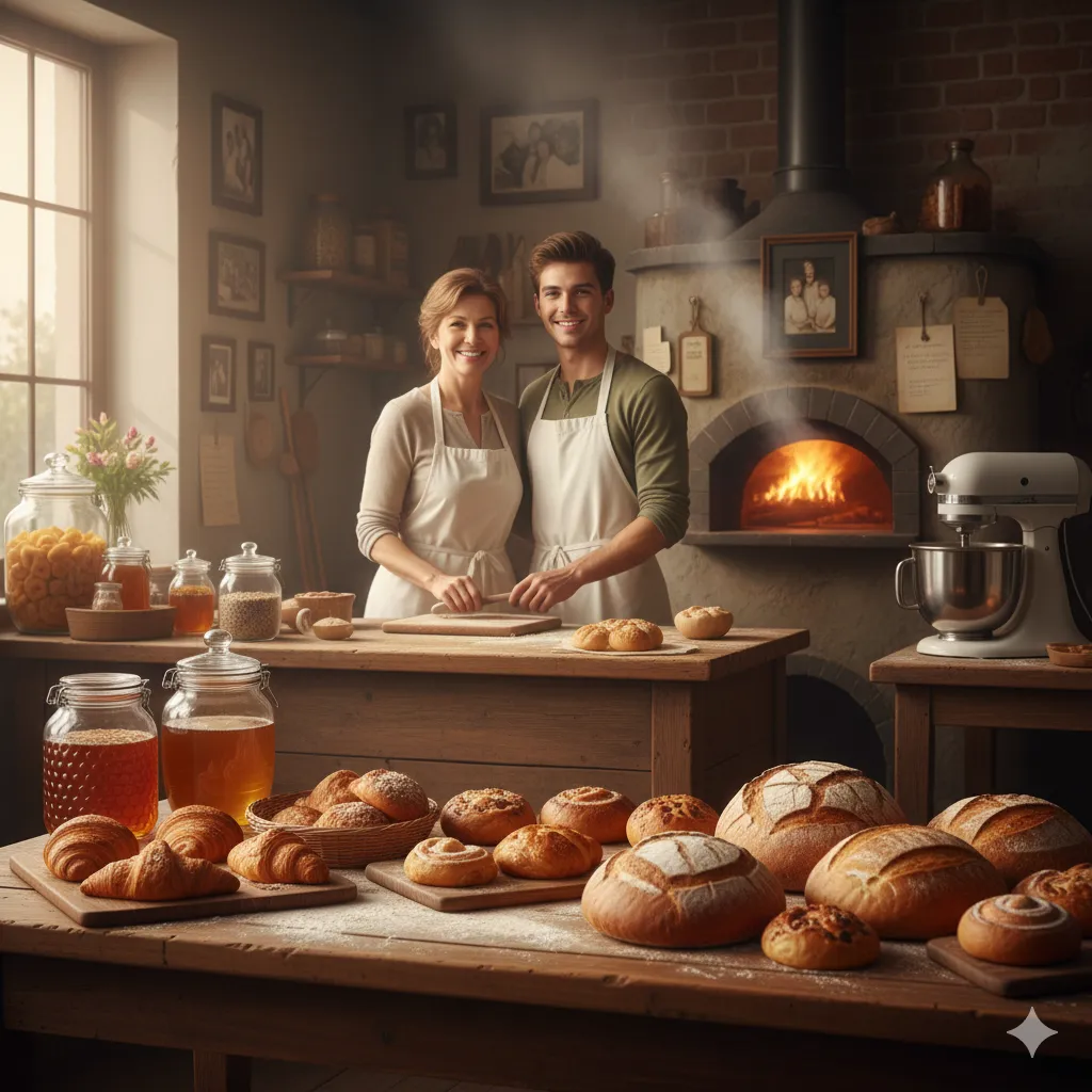 Padaria local exibindo pães frescos e atendimento acolhedor.